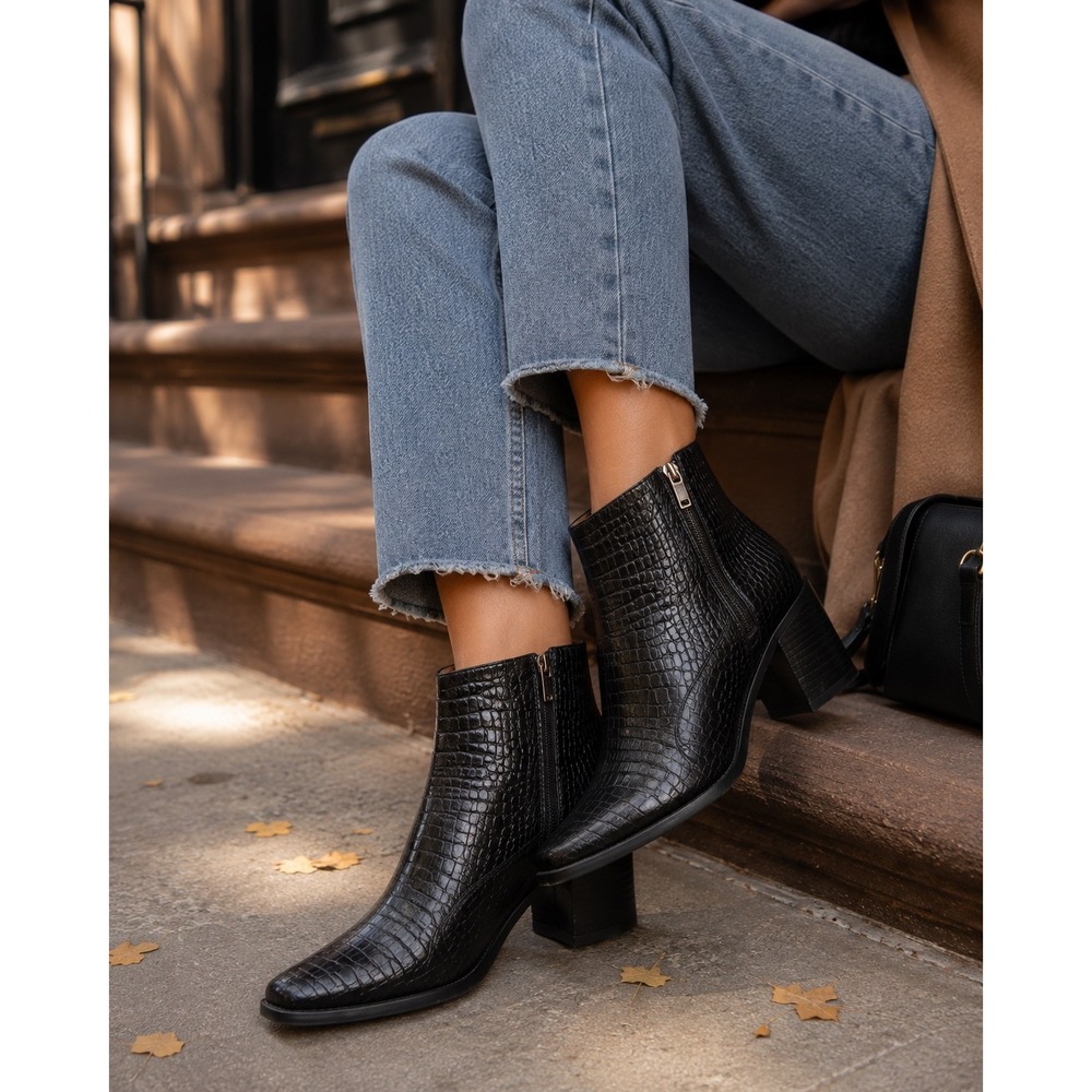 Lucky Brand Chic Croc Embossed Leather Ankle Boots Black Heel Western  Sz 8.5M